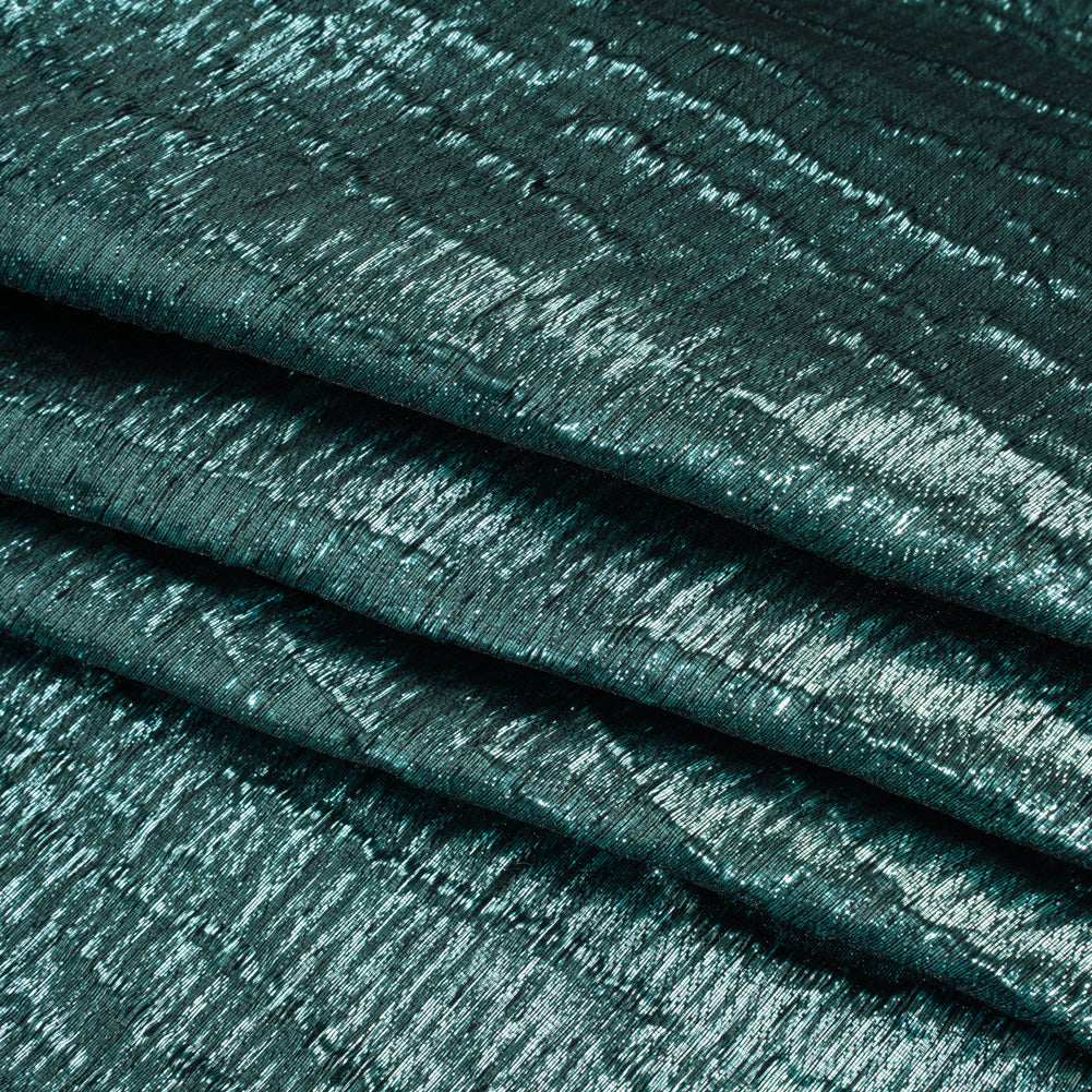 Metallic Polyester Brocade - Light Teal and Black Textured Ripples - Deadstock Folded