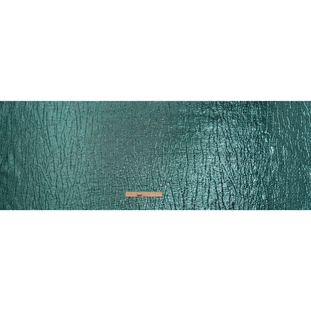 Metallic Polyester Brocade - Light Teal and Black Textured Ripples - Deadstock - Full