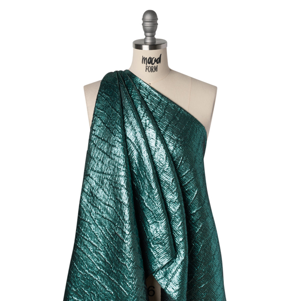 Metallic Polyester Brocade - Light Teal and Black Textured Ripples - Deadstock Drape