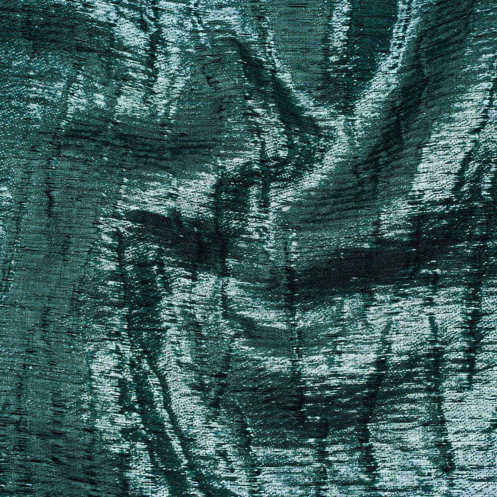 Metallic Polyester Brocade - Light Teal and Black Textured Ripples - Deadstock