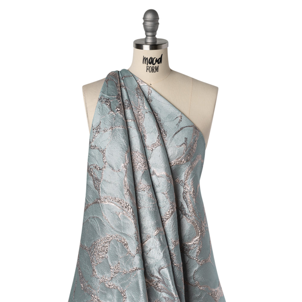 Metallic Polyester Brocade - Light Blue and Pale Rose Abstract - Deadstock Drape