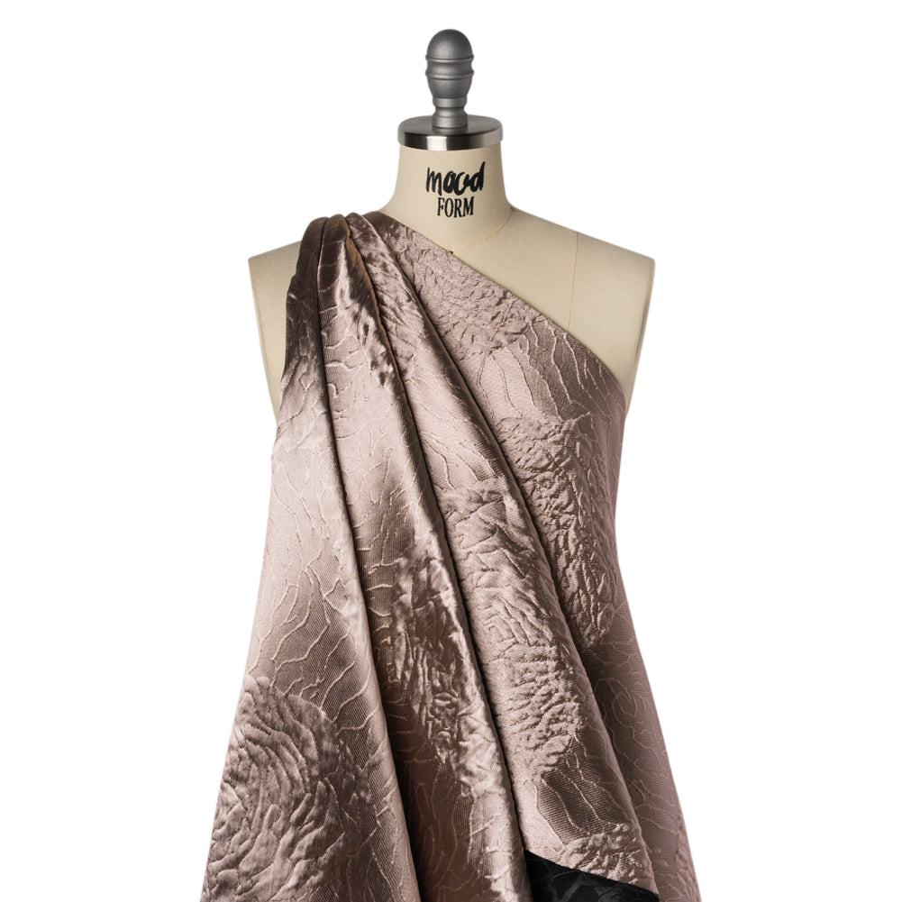 Metallic Polyester Brocade - Dusty Peach Cabbage Roses with Black Backing - Deadstock Drape
