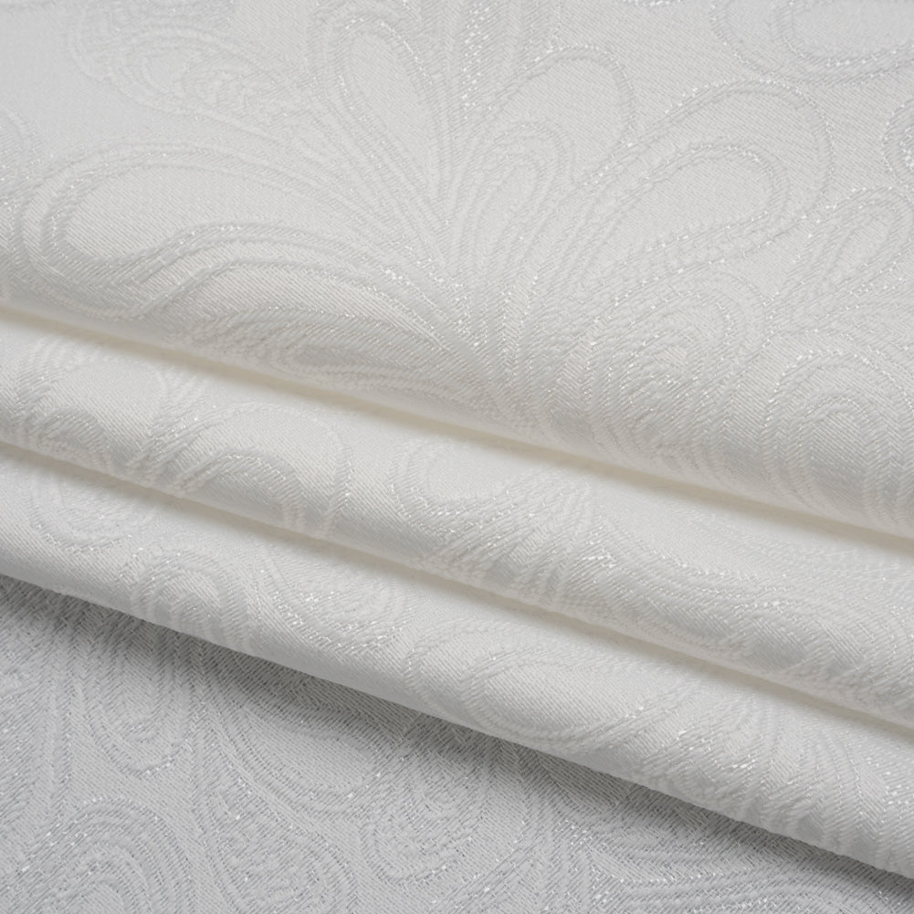 Metallic Polyester Brocade - White Paisley Vines - Deadstock Folded