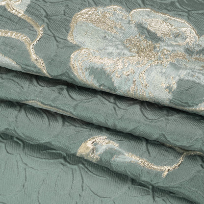 Metallic Polyester Brocade - Gray Blue and Gold Flowers on Flowers - Deadstock Folded