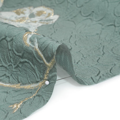Metallic Polyester Brocade - Gray Blue and Gold Flowers on Flowers - Deadstock Detail