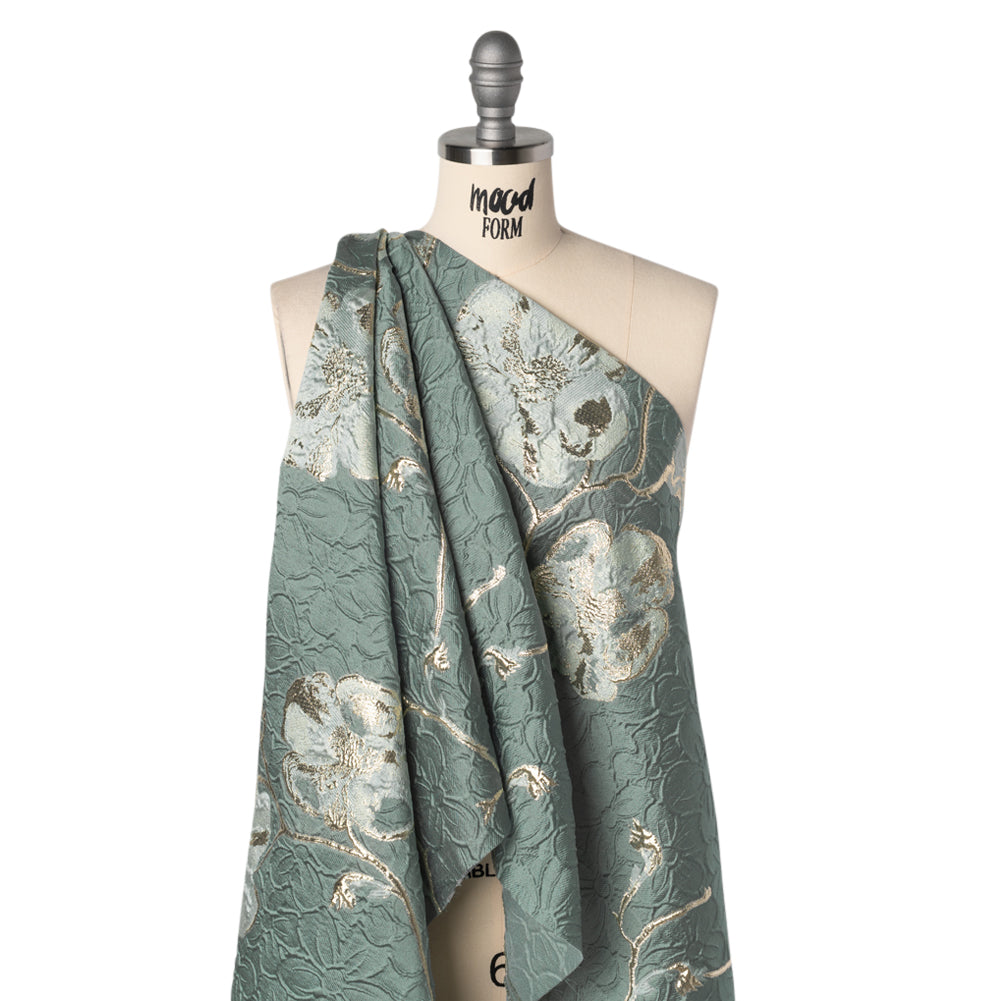 Metallic Polyester Brocade - Gray Blue and Gold Flowers on Flowers - Deadstock Drape