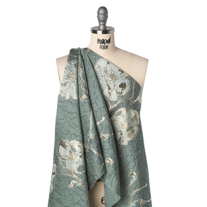Metallic Polyester Brocade - Gray Blue and Gold Flowers on Flowers - Deadstock Drape