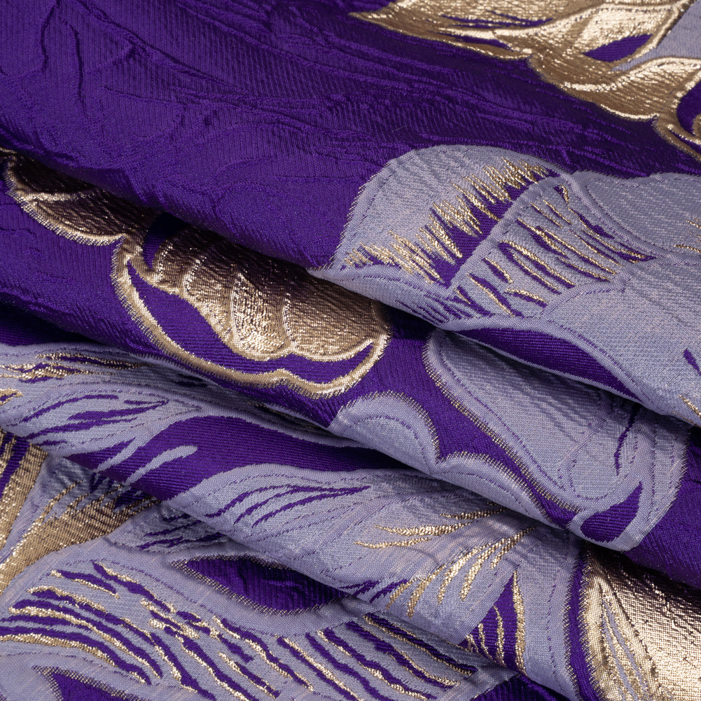 Metallic Polyester Brocade - Royal Purple, Lilac and Gold Floral - Deadstock Folded