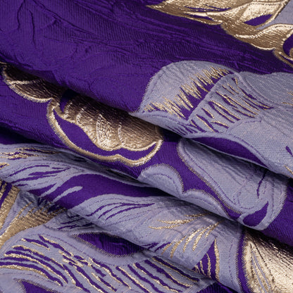 Metallic Polyester Brocade - Royal Purple, Lilac and Gold Floral - Deadstock Folded