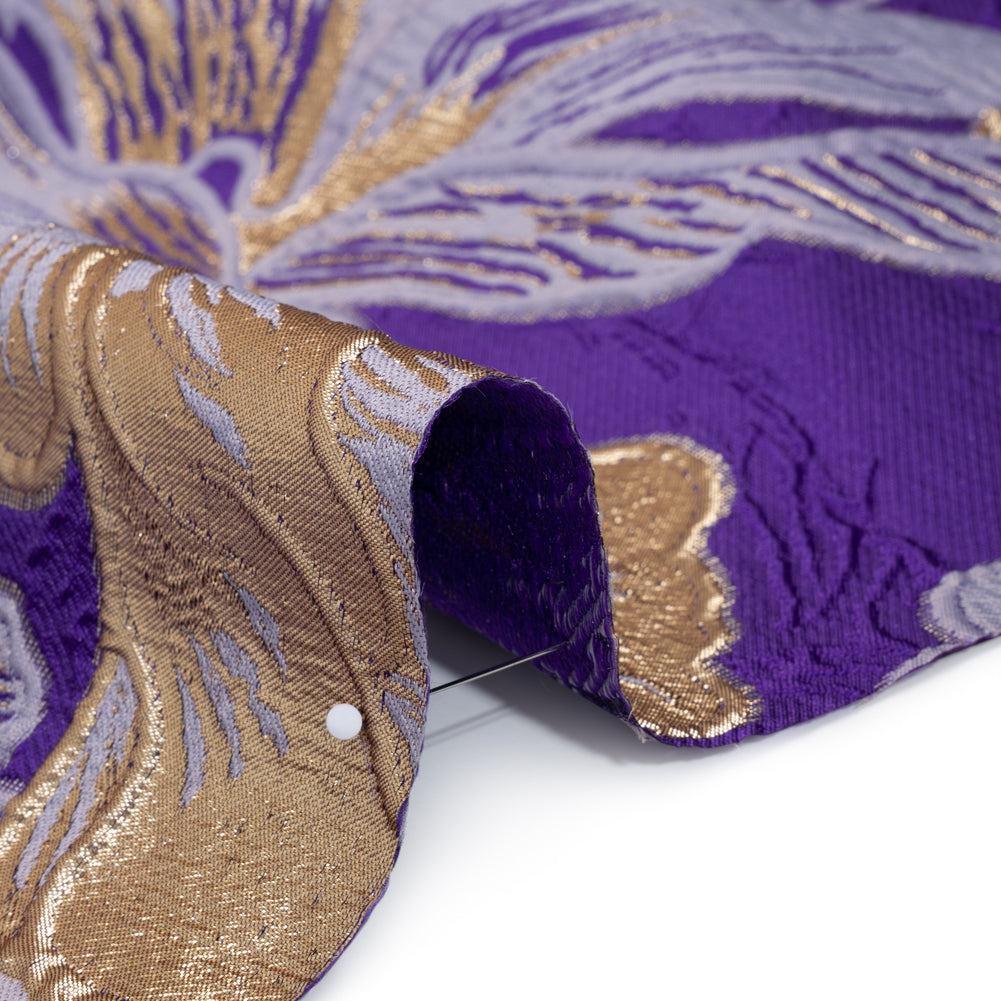Metallic Polyester Brocade - Royal Purple, Lilac and Gold Floral - Deadstock Detail