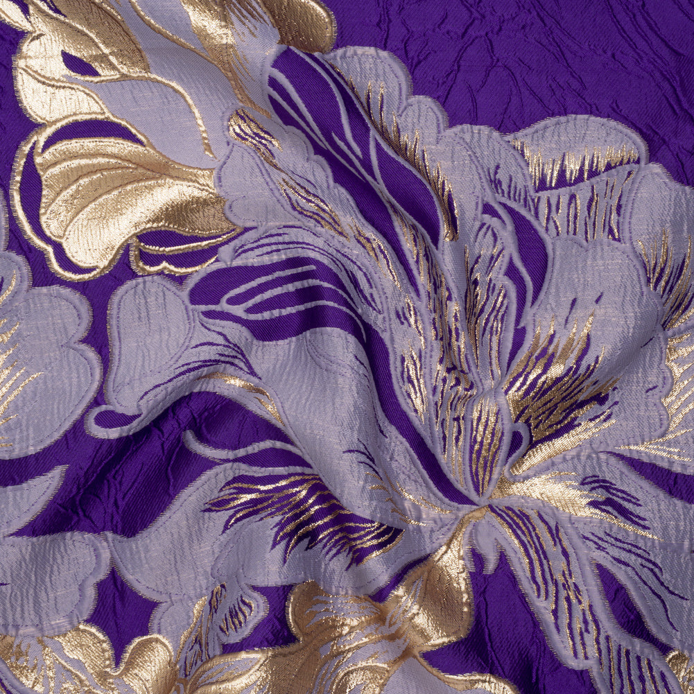 Metallic Polyester Brocade - Royal Purple, Lilac and Gold Floral - Deadstock