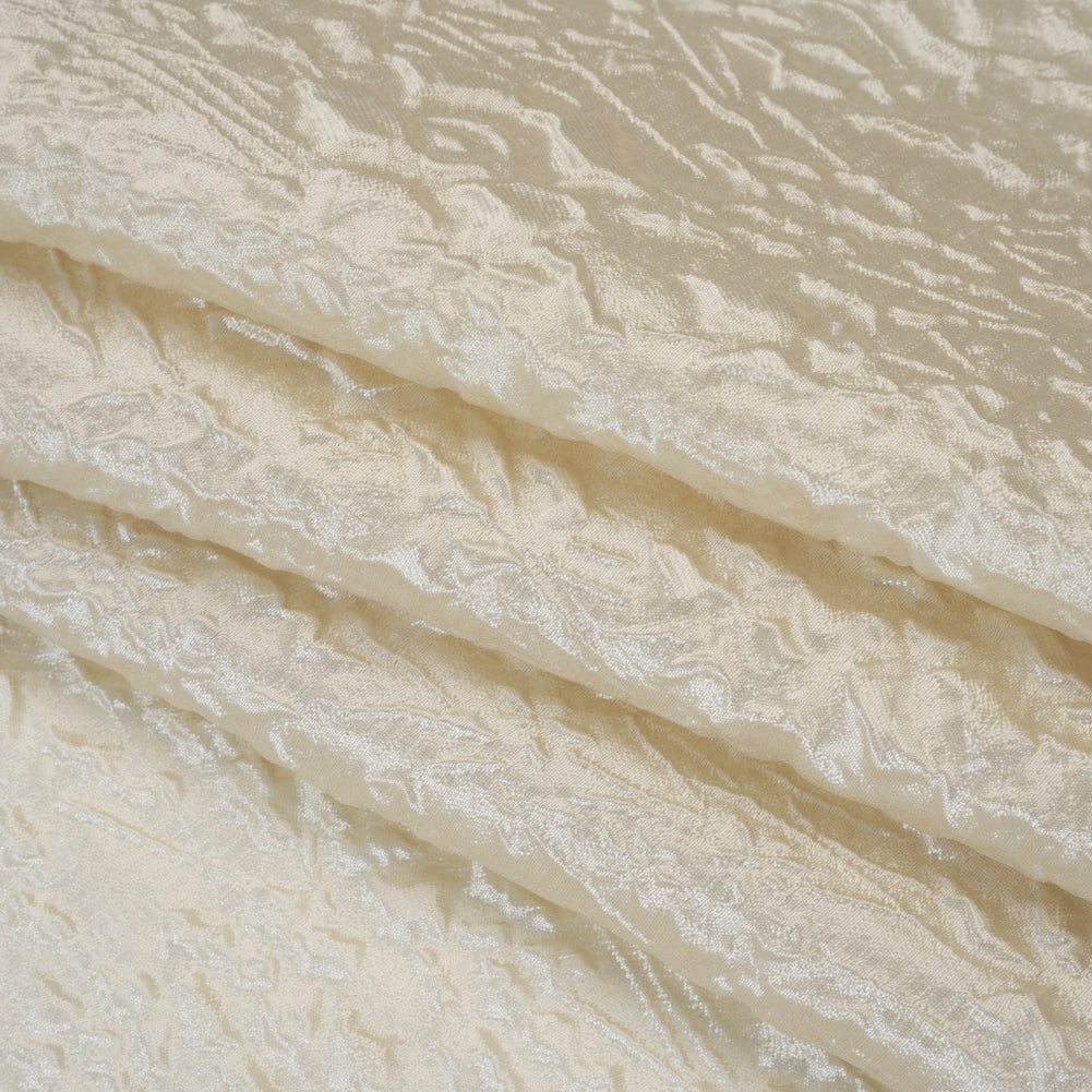 Luminous Polyester Brocade - Ivory Flowers and Lines - Deadstock Folded