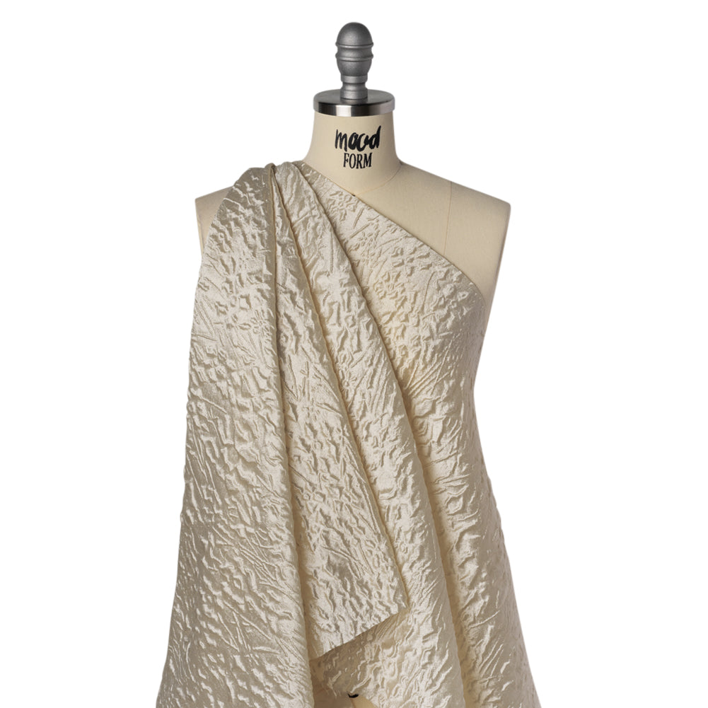 Luminous Polyester Brocade - Ivory Flowers and Lines - Deadstock Drape