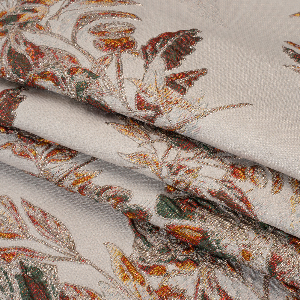 Metallic Polyester Brocade - Light Beige, Red Orange and Green Floral - Deadstock Folded