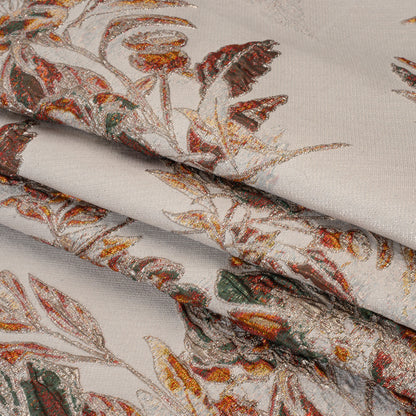 Metallic Polyester Brocade - Light Beige, Red Orange and Green Floral - Deadstock Folded