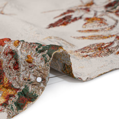 Metallic Polyester Brocade - Light Beige, Red Orange and Green Floral - Deadstock Detail
