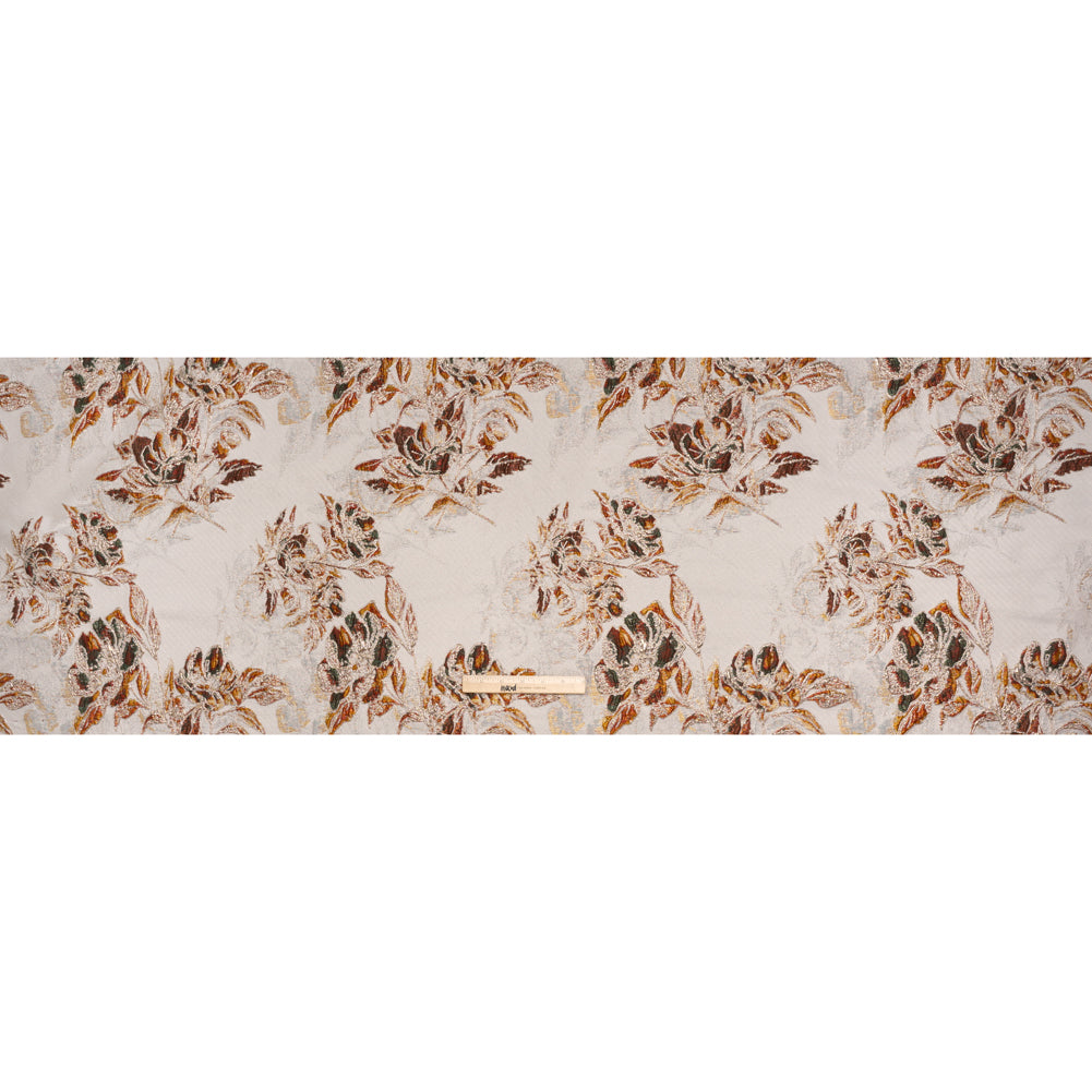 Metallic Polyester Brocade - Light Beige, Red Orange and Green Floral - Deadstock - Full