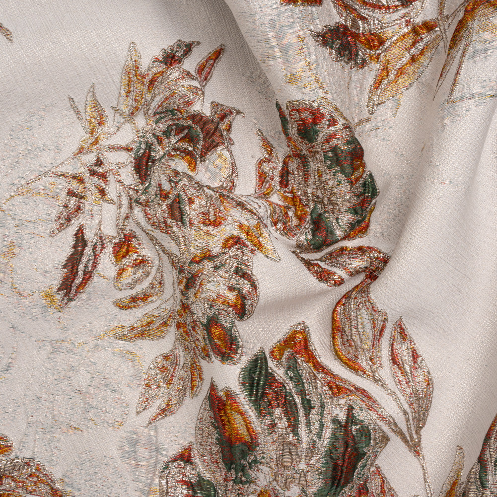 Metallic Polyester Brocade - Light Beige, Red Orange and Green Floral - Deadstock