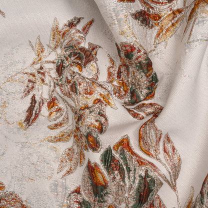 Metallic Polyester Brocade - Light Beige, Red Orange and Green Floral - Deadstock