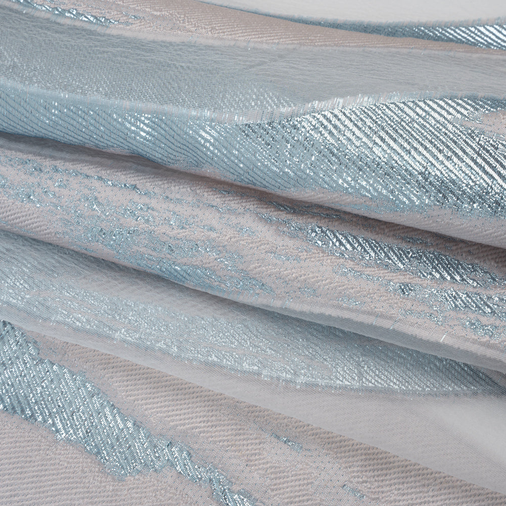 Metallic Polyester Burnout Brocade - Palest Pink and Light Blue Wavy Brushstrokes - Deadstock Folded
