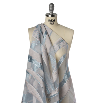 Metallic Polyester Burnout Brocade - Palest Pink and Light Blue Wavy Brushstrokes - Deadstock Drape