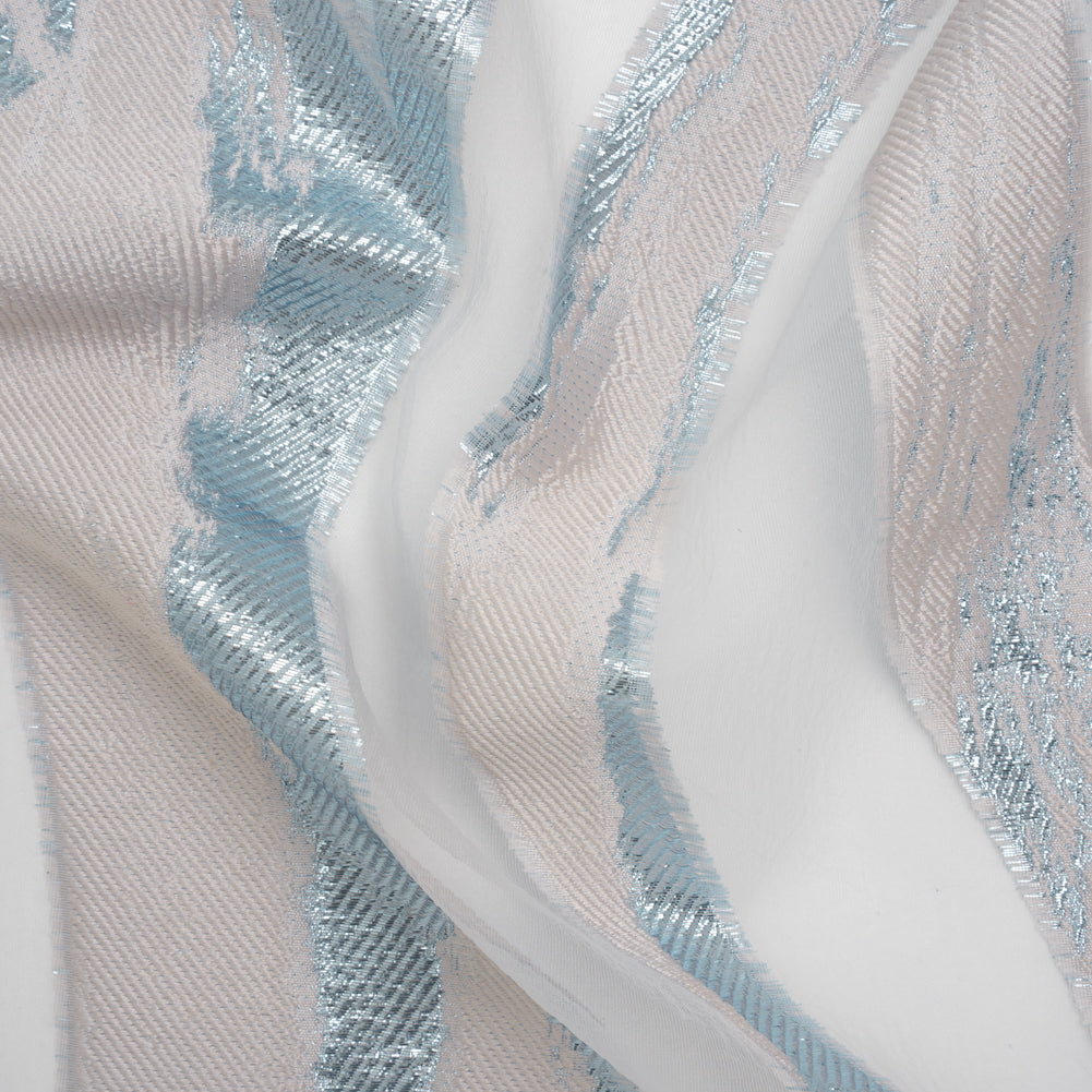 Metallic Polyester Burnout Brocade - Palest Pink and Light Blue Wavy Brushstrokes - Deadstock