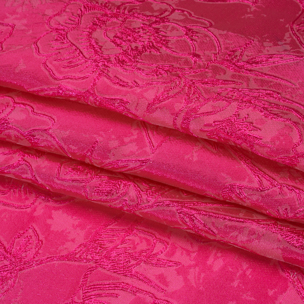 Metallic Polyester Brocade - Hot Pink Floral - Deadstock Folded