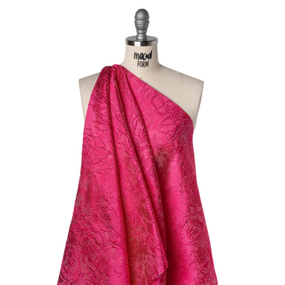 Metallic Polyester Brocade - Hot Pink Floral - Deadstock Drape