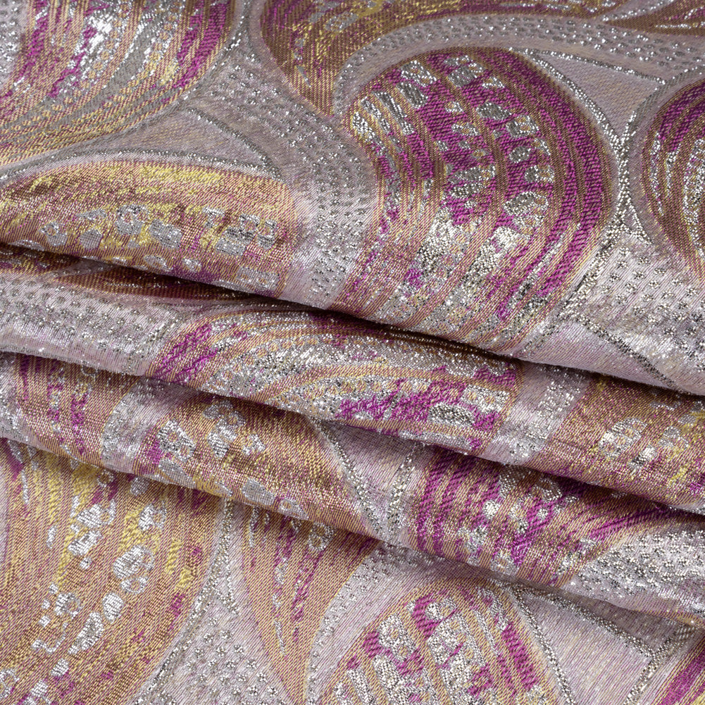 Metallic Polyester Brocade - Pink, Yellow and Silver Abstract Swooshes - Deadstock Folded