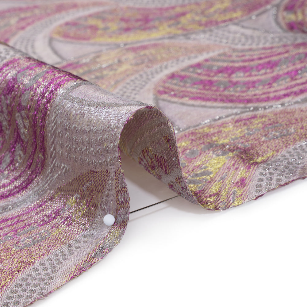 Metallic Polyester Brocade - Pink, Yellow and Silver Abstract Swooshes - Deadstock Detail