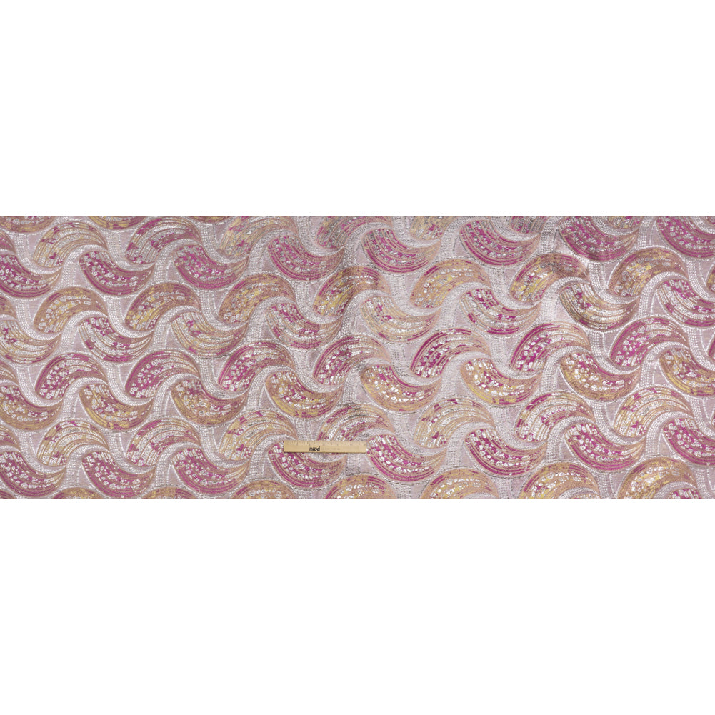 Metallic Polyester Brocade - Pink, Yellow and Silver Abstract Swooshes - Deadstock - Full