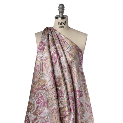 Metallic Polyester Brocade - Pink, Yellow and Silver Abstract Swooshes - Deadstock Drape