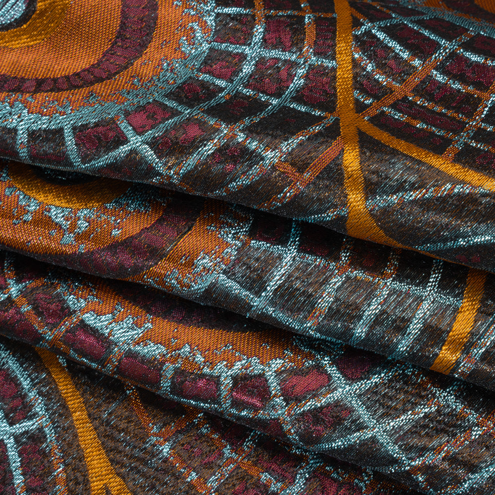 Metallic Polyester Brocade - Orange, Wine Red and Sky Blue Geometrically Abstract Dandelions - Deadstock Folded