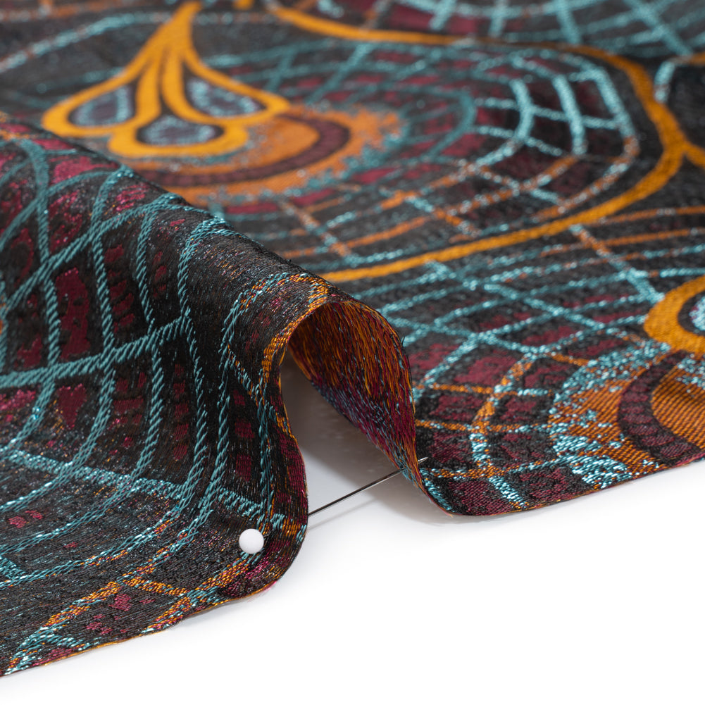 Metallic Polyester Brocade - Orange, Wine Red and Sky Blue Geometrically Abstract Dandelions - Deadstock Detail
