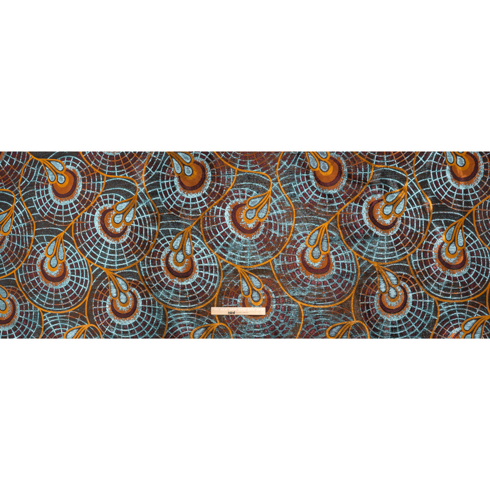 Metallic Polyester Brocade - Orange, Wine Red and Sky Blue Geometrically Abstract Dandelions - Deadstock - Full