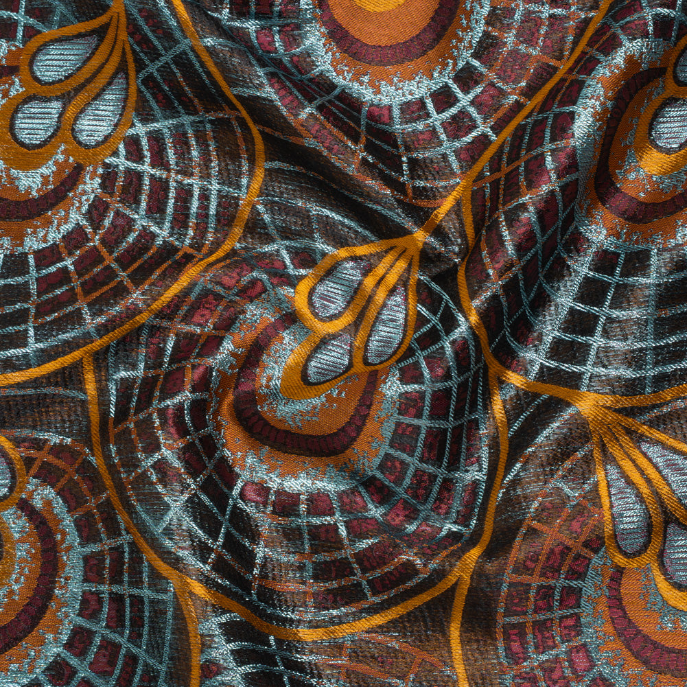 Metallic Polyester Brocade - Orange, Wine Red and Sky Blue Geometrically Abstract Dandelions - Deadstock