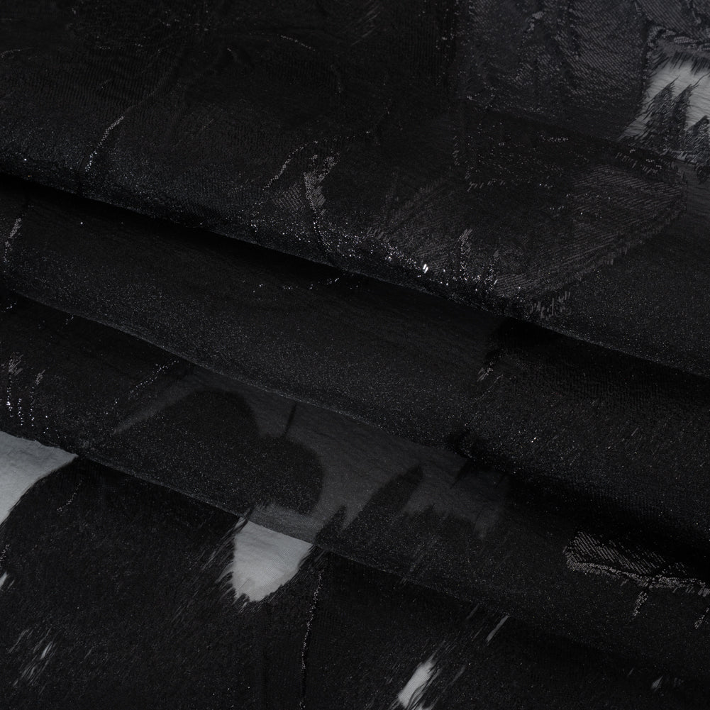 Metallic Polyester Burnout Brocade - Black Floral - Deadstock Folded