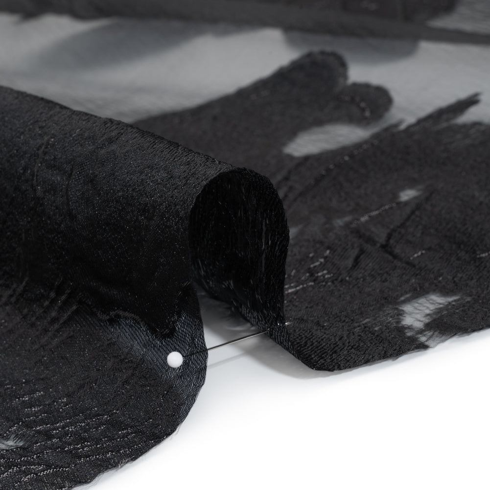 Metallic Polyester Burnout Brocade - Black Floral - Deadstock Detail