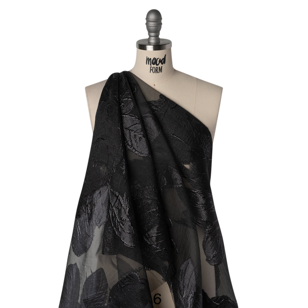 Metallic Polyester Burnout Brocade - Black Floral - Deadstock Drape