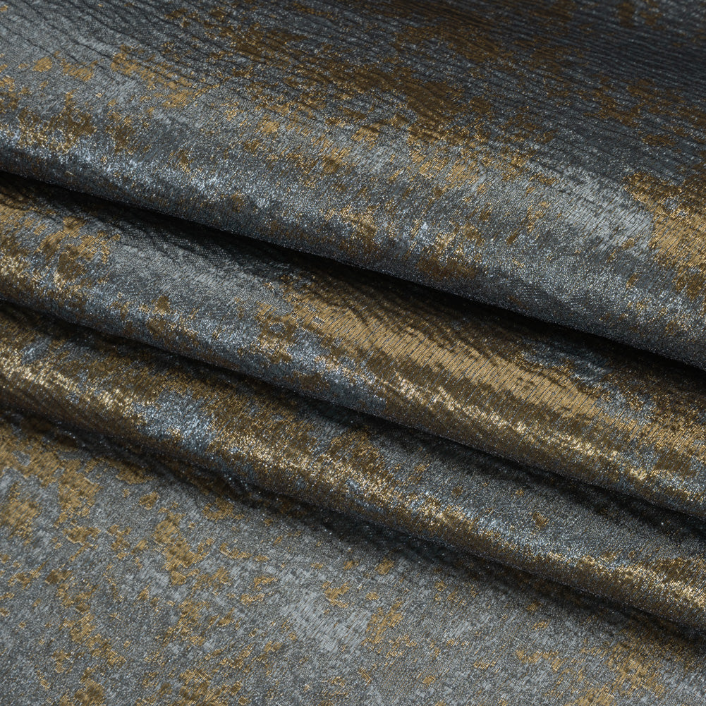 Metallic Polyester Brocade - Steel Blue and Antique Gold Abstract - Deadstock Folded