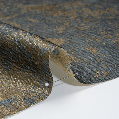 Metallic Polyester Brocade - Steel Blue and Antique Gold Abstract - Deadstock Detail