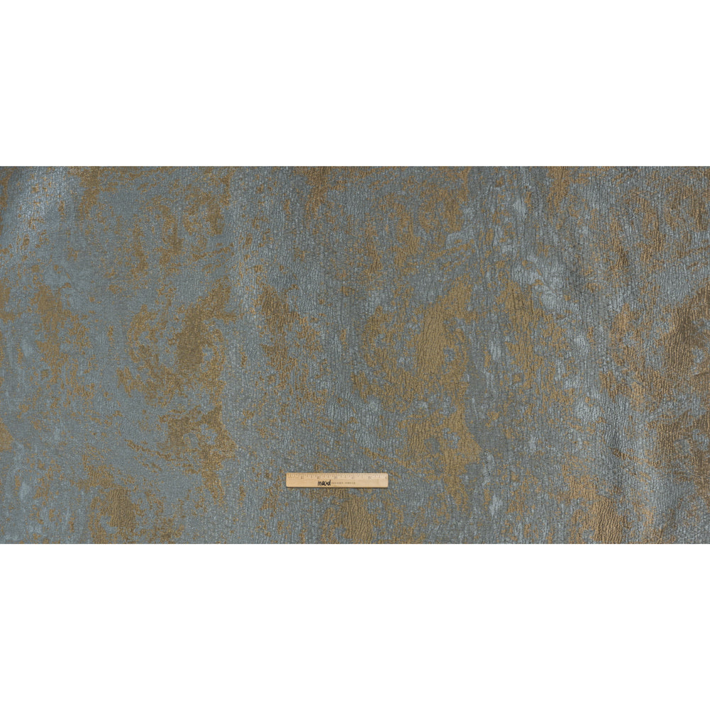 Metallic Polyester Brocade - Steel Blue and Antique Gold Abstract - Deadstock - Full