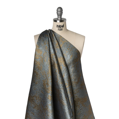 Metallic Polyester Brocade - Steel Blue and Antique Gold Abstract - Deadstock Drape