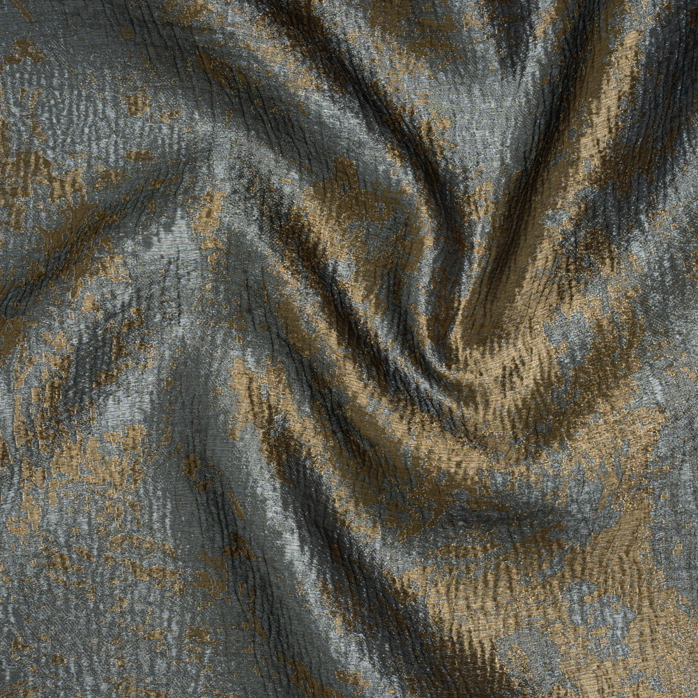 Metallic Polyester Brocade - Steel Blue and Antique Gold Abstract - Deadstock