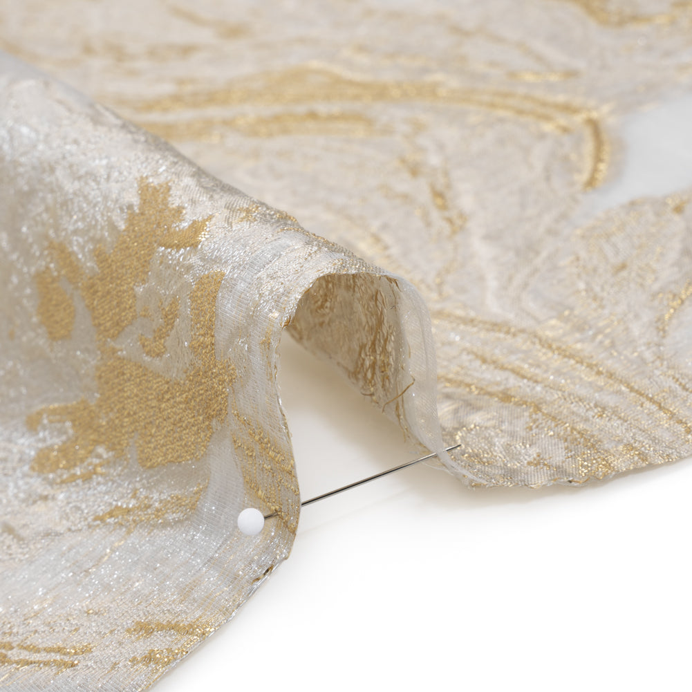 Metallic Polyester Burnout Brocade - Ivory and Gold Abstracted Florals - Deadstock Detail