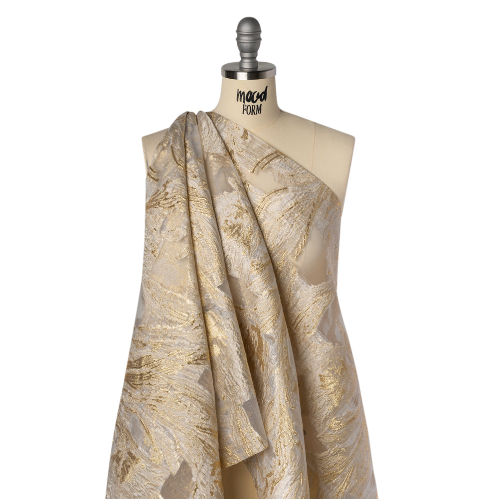 Metallic Polyester Burnout Brocade - Ivory and Gold Abstracted Florals - Deadstock Drape