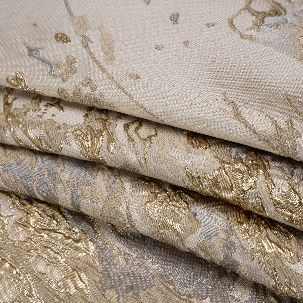 Metallic Polyester Brocade Panel - Beige, Gold and Silvery Gray Paint Splatters and Swirls - Deadstock Folded