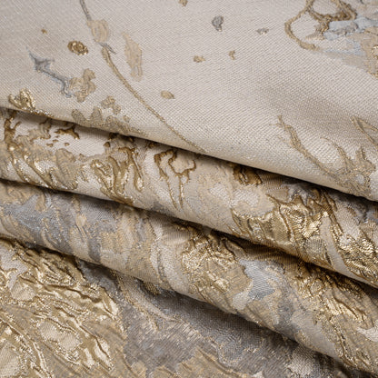 Metallic Polyester Brocade Panel - Beige, Gold and Silvery Gray Paint Splatters and Swirls - Deadstock Folded