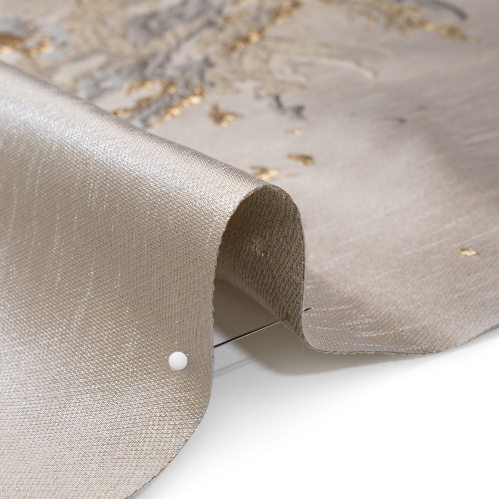 Metallic Polyester Brocade Panel - Beige, Gold and Silvery Gray Paint Splatters and Swirls - Deadstock Detail