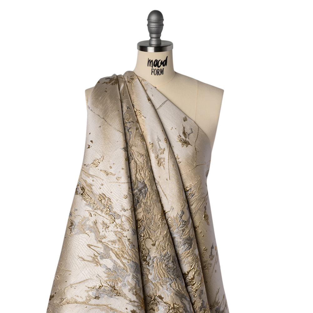 Metallic Polyester Brocade Panel - Beige, Gold and Silvery Gray Paint Splatters and Swirls - Deadstock Drape